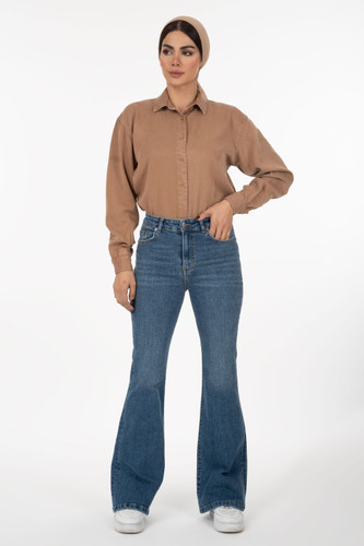 شلوار جین زنانه بوتکات فلکس(کشی) آبی وسط رویال جین Royal Jeans